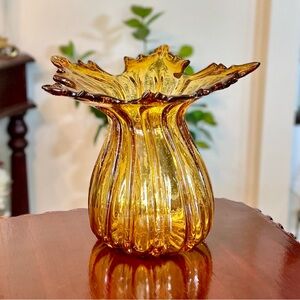 VTG Stretch Glass Vase Amber Ribbed Body Sunburst Flared Mouth Hand Blown 1960s
